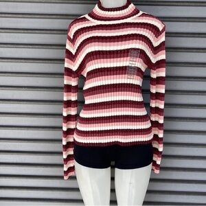VTG St. John’s Bay Pink Maroon Striped Metallic Ribbed Mock Neck Sweater M NWT